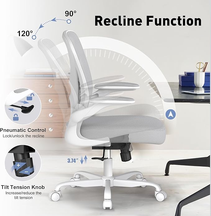 Ergonomic Office Chair, Mesh Fabric Home Office Chair with Adjustable Lumbar Support, 360° Swivel, and Flip-Up Armrests, Grey
