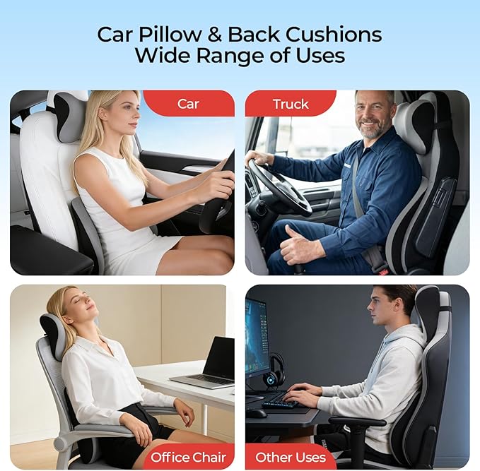 Car Headrest & Lumbar Support Set, Ergonomic Memory Foam Neck Pillow, Comfortable Travel Pillow for Car Truck SUV, Ideal for Long Driving (Gray) (Black)