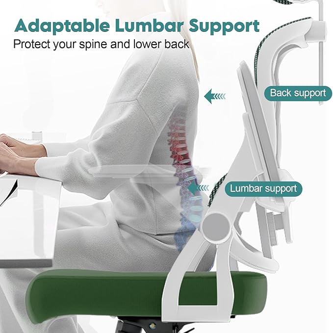 350 LBS Ergonomic Office Computer Mesh Chair - Adjustable Height Rolling Desk Chair with Flip-Up Armrests & High Back Support - Comfortable Swivel Task Chair for Home Office (01GREEN)