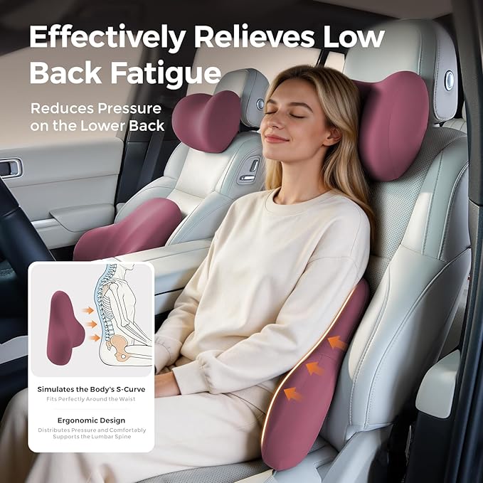 BABUR Lumbar Support Pillow for Car, Ergonomic Memory Foam Support Pillow for Lower Back Pain Relief, Washable Cover, Lumbar Cushion for Driving Seat, Fits Most Cars | Wine Red