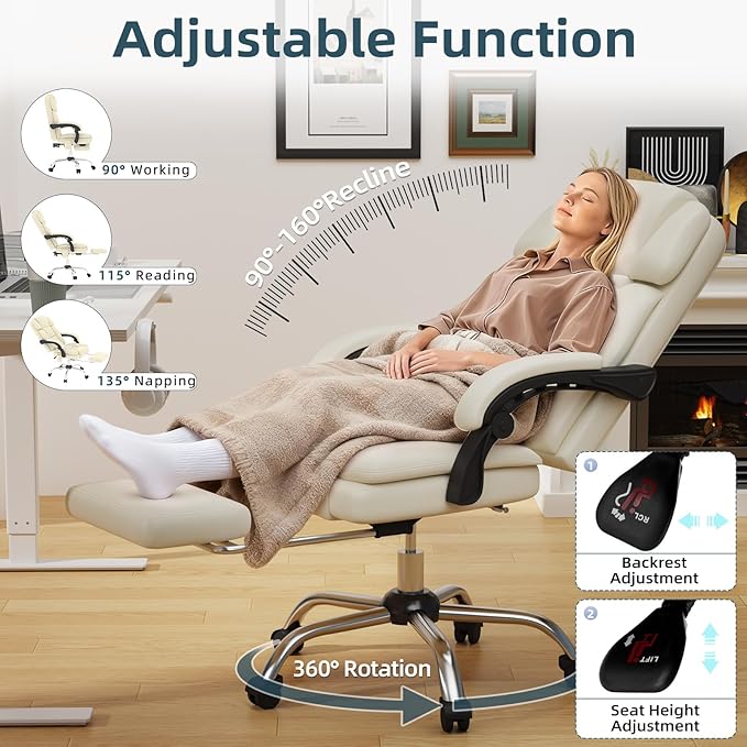 HOMREST 6-Point Massage Office Chair with Heat, Ergonomic Reclining Desk Chair with Footrest, PU Leather Executive Chair for Home Office,Comfortable Computer Chair Gift for Women, Off White
