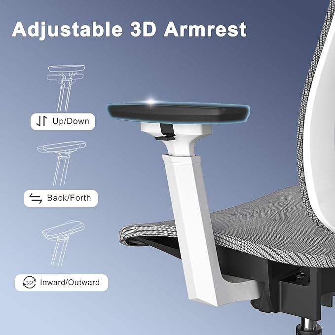 Logicfox Ergonomic Office Chair, High Back Mesh Desk Chair - Adjustable Lumbar Support & 3D Armrests, Swivel Computer Chair with Headrest, Tilt Lock & PU Wheels for Home Office, Long Hours Work