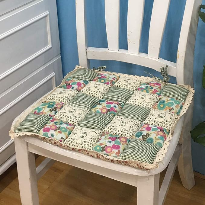 vctops Patchwork Chair Pad with Ties No Slip Lace Trim Chair Cushion Farmhouse Floral Print Kitchen Dining Seat Cushion (319 Green, 16"x16")