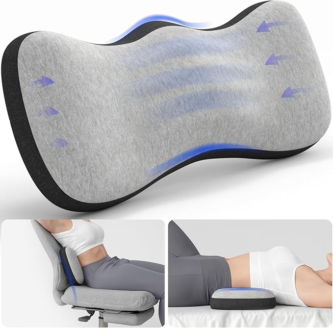 Lumbar Support Pillow for Bed, Lower Back Pillow for Sleeping, Memory Foam Waist Pain Relief Pillows, Lumbar Pillow for Sleeping, Bed, Car, Couch (Grey Black)