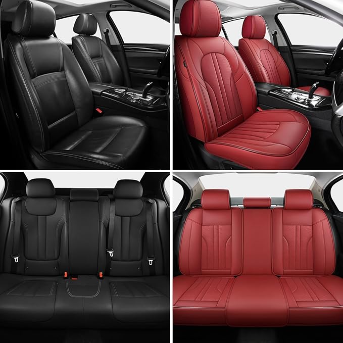 MINGBRON Red Car Seat Covers,Leather Car Seat Cover, Waterproof Seat Covers Full Set