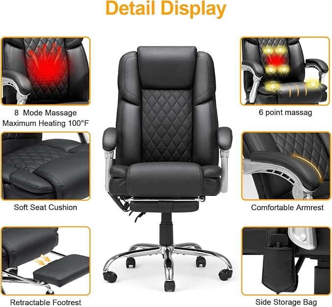 HOMREST 6-Point Massage Office Chair with Lumbar Support, Heated Executive Office Chair with Reclining Backrest, Computer Gaming Chair for Home Office, Black