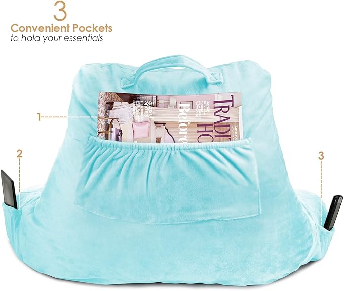 Clara Clark Reading Pillow for Kids & Teens with Shredded Memory Foam, Backrest Pillows for Reading, Watching, and Gaming, Use on The Couch, Bed, or Floor Adjustable Support, Washable Cover Light Blue