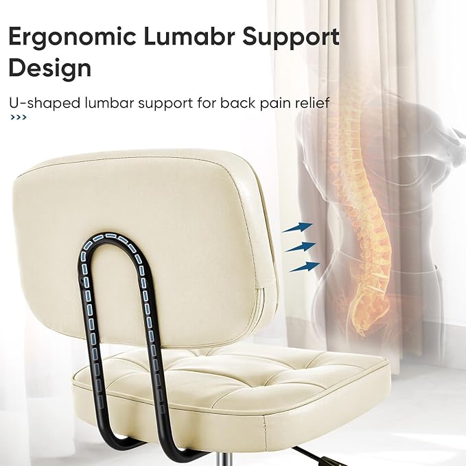 DUMOS Home Office Desk Chair - Ergonomic Armless PU Leather Computer Rolling Task Chair，with Comfy Lumbar Support and Height Adjustable, Vanity, Bedroom, Living Room, Beige