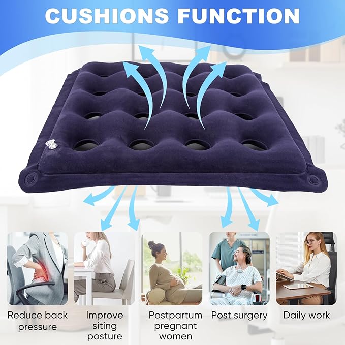 2-Pack Waffle Inflatable Seat Cushions with Pump, 18 Inch Beige 16-Hole Air Cushion for Pressure Relief, Wheelchair, Office Chair, Car Seat & Travel (Purple&Beige)