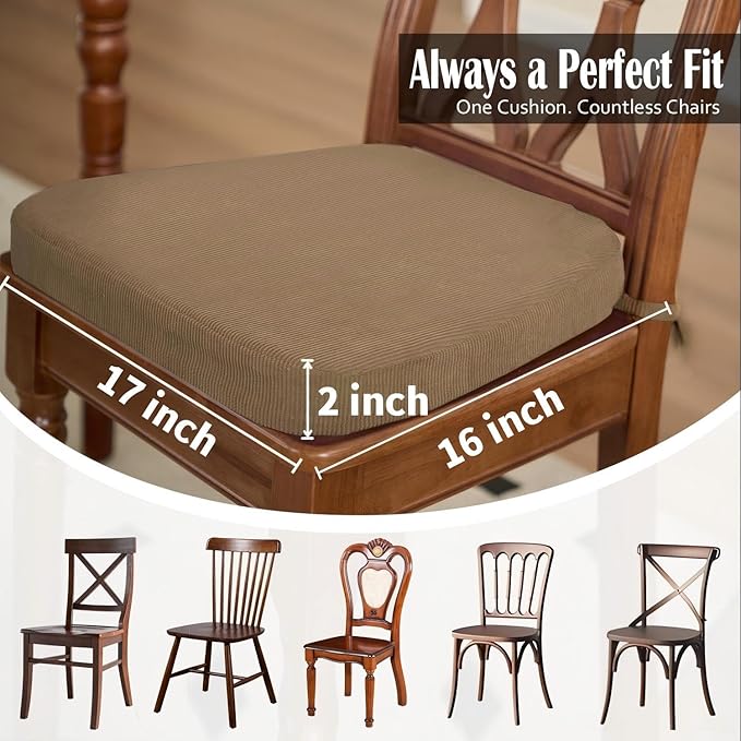2'' Thick High-Density Foam Indoor Chair Cushions | Dining Chair Pads with Ties, Removable Washable Cover, Kitchen Chair Cushions 17"x16",Light Brown 6 Pack