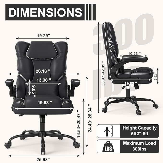 Ergonomic Office Chair with Flip-up Armrests, 300lbs Mid Back Computer Office Desk Chair with Lumbar Support, Executive Leather Chair with Rocking Function Adjustable Height for Home Office