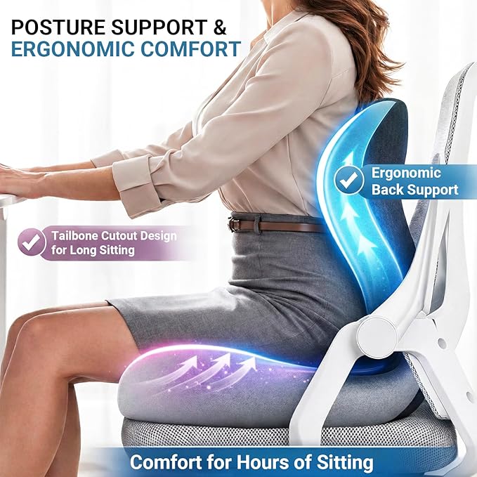 Ergonomic Seat Cushion Set with Lumbar Support Pillow, High-Density Memory Foam Cushion with Non-Slip Base, Posture Support Cushion for Office Chair, Home Chair, Car Seat (Dark Gray + Light Gray)