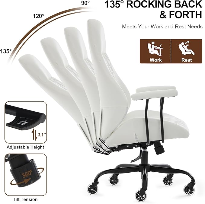 E-Motie Office Chair with Rubber Wheels, Ergonomic Computer Chair 500 lbs, Leather Desk Chair with Lumbar Support, Executive Chair Adjustable Height & Recline, White