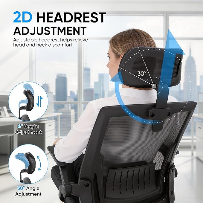 MoNiBloom High Back Mesh Office Chair with Adjustable Headrest, Flip-Up & Sliding Armrests, 18–22" Adjustable Seat Height, Ergonomic Desk Chair with Rocking Function, for Home Office, Black
