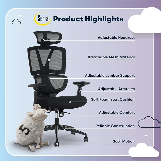 Serta AirHaven SX1200 Ergonomic Office Chair, High Back Mesh Desk Chair with Adjustable Headrest, Lumbar Support, 3D Armrests, ComfortCoils Seat, Swivel Computer Chair with Wheels, Black