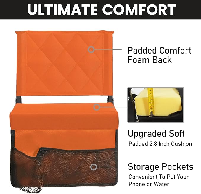 Sheenive Stadium Seats for Bleachers with Back Support, Bleacher Seats with Backs and Cushion Wide, Padded Portable Folding Comfort Stadium Chair with Shoulder Strap, Perfect for Sports Events, Orange