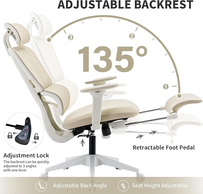 Ergonomic Office Chair with Footrest, 90-135° Reclining High Back Desk Chair with Lumbar Support, 2D Headrest, 2D Armrests, Computer Chair for Long Hours, Cream