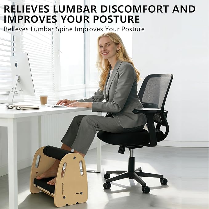 Double-Layer Wooden Foot Stool for Under Desk Foam Roller Top + Cushioned Bottom with Replaceable Massage Pad Ergonomic Design Suitable for Office, Home, Gaming All Seasons Use (Blue)