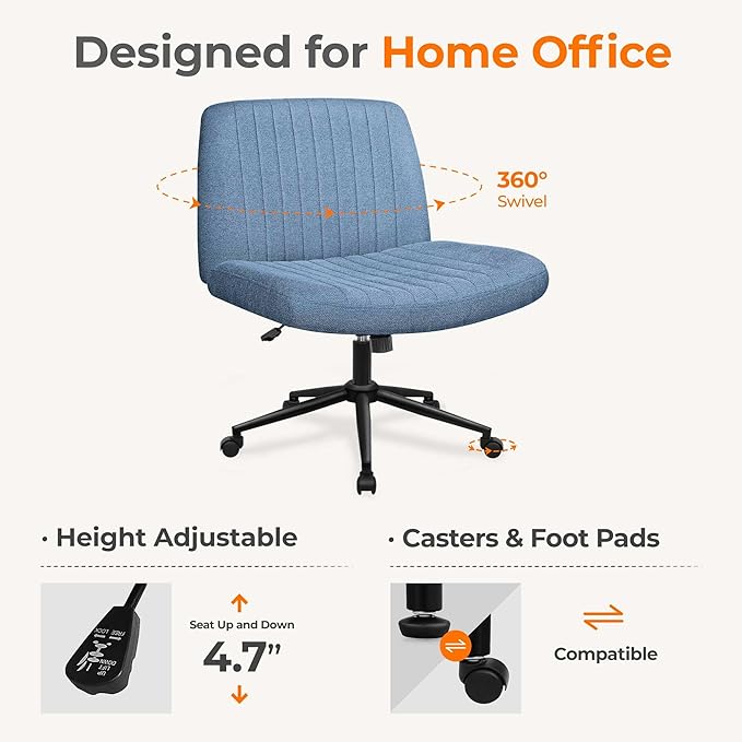 NEO CHAIR Criss Cross Chair with Wheels Armless Cross Legged Office Desk Wide Comfy Vanity Makeup Chair Adjustable Swivel Rolling Computer for Home Office Fabric (Blue)