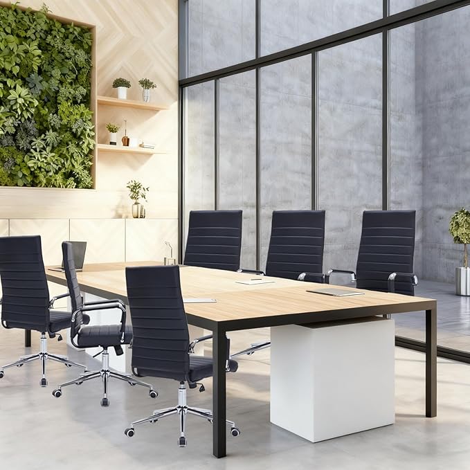 Black Modern High Back Office Desk Chair, PU Leather Ribbed Ergonomic Executive Conference Chair with Wheels, Adjustable Swivel Task Chair with Arms