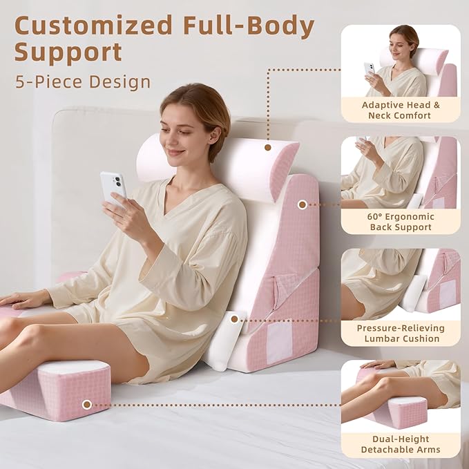 5PCS Reading Pillow for Sitting in Bed Adult, 2 in 1 Foldable Back Wedge Pillow for Sleep, Ergonomic Back Support Pillow with Arms for Watching TV, Gaming, Working, Recovery, 19” Pink