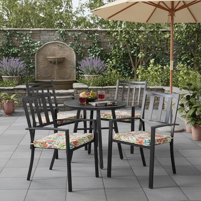 Outdoor 18 inch Square Patio Dining Chair Pads – Comfortable Fiber-Filled Seat Cushions with Ties, Reversible Polyester Fabric - Breeze Floral, Set of 4
