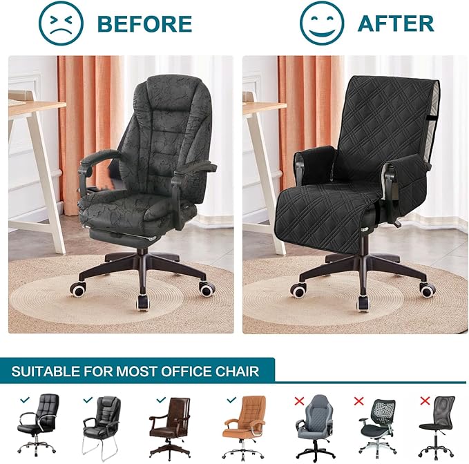 Turquoize Waterproof Office Chair Cover with Armrest Covers Black Computer Desk Chair Cover Quilted Office Chair Protector with Arms Office Chair Seat Cover Slipcover with Anti-Slip Buckle, Black