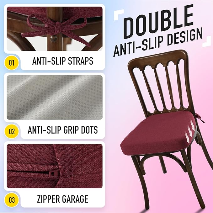 SUNROX Cooling Gel Memory Foam Chair Cushions, 2.6" Thick U-Shaped Dual-Layer Comfort Dining Chair Pads, Non Slip Seat Cushion with Ties for Indoor Kitchen Office 17"x16" Set of 8, Burgundy