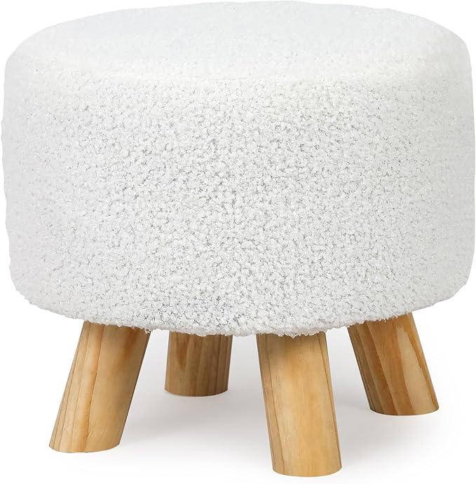 Homebeez Round Ottoman Stool Fabric Foot Rest, Faux Fur Small Footstool with Non-Skid Legs (Teddy White)