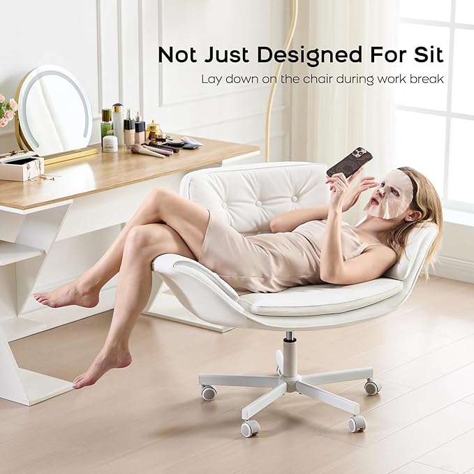 amseatec Criss Cross Office Chair, PU Leather Vanity Chair with 5-Level Adjustable Armrests & Swivel, Ergonomic Criss Cross Chair for Home Office Bedroom Makeup（White）