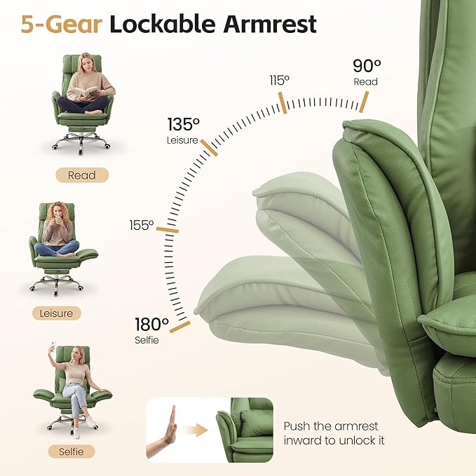 Big and Tall Office Chair, Cloud Reclining Office Chair with Footrest & Flip Armrest for Pets, Executive Ergonomic Criss Cross Desk Chair, Swivel Computer Gaming Chair with Lumber Pillow, PU Green