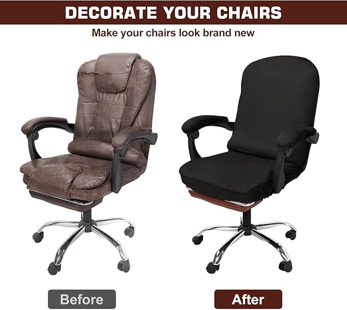 NeColorLife Velvet Office Chair Cover with Armrest Covers - Stretchable High Back Desk Computer Chair Slipcover for Large Rotating Boss Chairs (Large,Black)