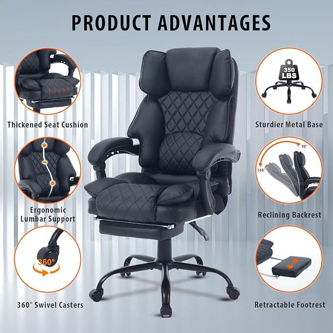 Big Tall Reclining Executive Office Chair with Footrest, 400lbs Ergonomic Recliner Desk Chairs with Lumbar Support, Heavy Duty High Back Lower Back Support Computer Chair with Wheels, Black