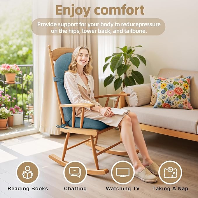 Rocking Chair Cushion - Corduroy Fabric, High-Density Sponge, Durable Comfort Non-Slip Bottom Tufted Seat Pads with Ties, Corduroy︱Blue, 44x19x4 inch