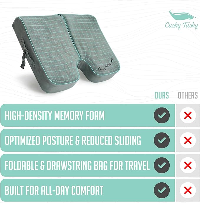 Cushy Tushy Premium Foldable Wheelchair Cushion - for Relief of Lower Back, Sciatic, Butt and Tailbone Pain - for Home & Office Use, Perfect for Travel or Driving - Gray Coccyx Seat Cushion