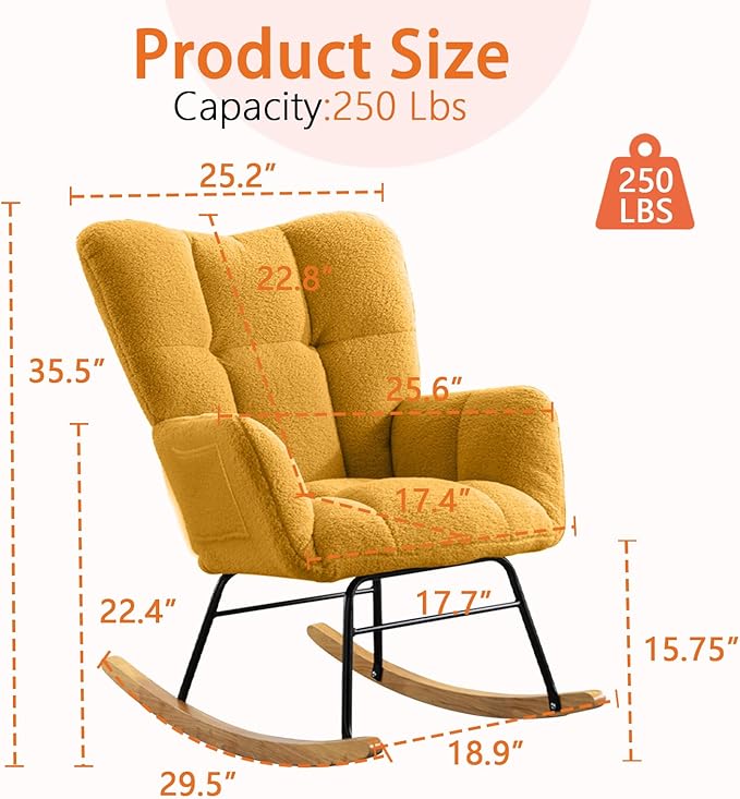 Nursery Rocking Chair Teddy Upholstered Glider Rocker,Rocking Accent Chair Padded Seat with High Backrest,Solid Wood Legs for Nursery Bedroom Living Room(Yellow