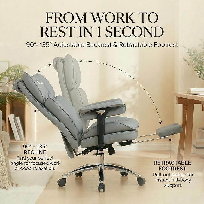 Efomao Big & Tall Executive Office Chair with Footrest - 400lbs Heavy Duty High Back PU Leather Desk Chair, Modern Ergonomic Reclining Computer Chair, Grey