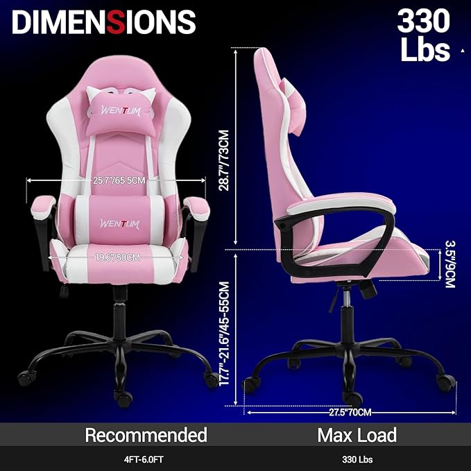 Gaming Chair PU Leather Massage PC Video Game Chair with Lumbar Support for Men Women, Home Office, Height Adjustable, Ergonomic, High Back, Pink