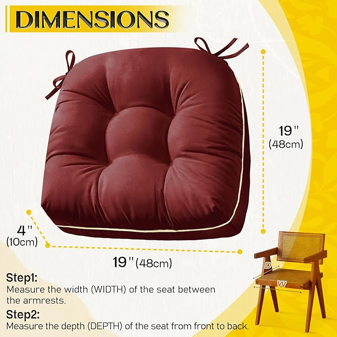 1 MIDDLE ONE Outdoor Chair Cushions Set of 2, Outdoor Cushions for Patio Furniture and Wicker Chair, Memory Foam Patio Seat Cushion Pads with Ties, 19 x 19 Inch (Burgundy)