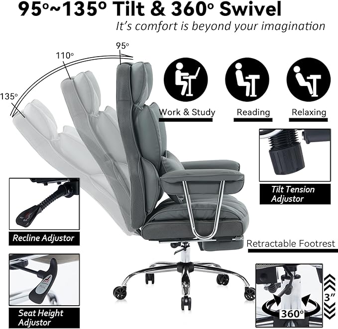Efomao Big and Tall Office Chair 400lbs – High Back Executive Chair with Swivel Base, PU Leather Upholstery, Lumbar Pillow, Padded Armrests, and Rolling Wheels，Dark Grey Computer Chair