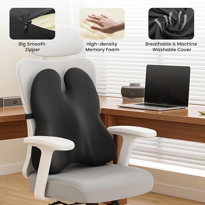 ZZ-WELL Lumbar Support Pillow for Office Chair - Memory Foam Office Chair Back Support - Ergonomic Lumbar & Back Support Pillow with Strap, Machine Washable Cover (Black)