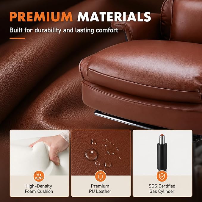 Big and Tall Ergonomic Office Chair with Footrest, Executive High Back PU Leather Desk Chair, Reclining Computer Chair with Adjustable Lumbar Support and Armrests, Swivel Rolling Gaming Chair, Brown