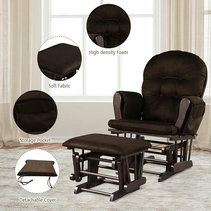 Costzon Nursery Glider with Ottoman, Upholstered Comfort Glider Rocker with Padded Cushion, Storage Pocket, Solid Wood Base, Rocking Chair Nursery for Breastfeeding, Napping (Brown)