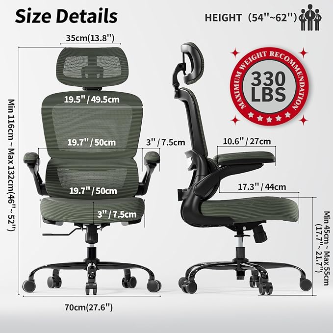 TRALT Ergonomic Office Chair - Desk Chair with Adjustable Headrest Lumbar Support Computer Chair - Mesh Comfy Chair with Flip-up Armrests - Gaming Chairs for Adults Home Office (Leather, Dark Green)