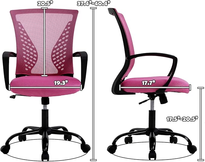 Ergonomic Office Chair - Soft Mesh Computer Chair with Lumbar Support & Adjustable Arms, Modern Mid Back Swivel Chair for Home Office, Comfortable & Stylish for Women (Pink)