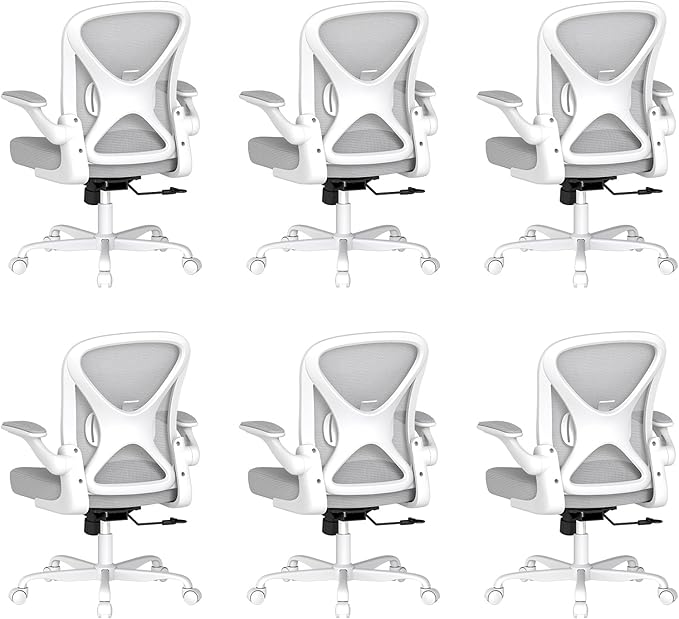 Ergonomic Office Chair Set of 6, Mesh Fabric Home Office Chairs with Adjustable Lumbar Support, Flip-Up Armrests, 90-120° Rocking, Adjustable Height and 360° Swivel, Grey