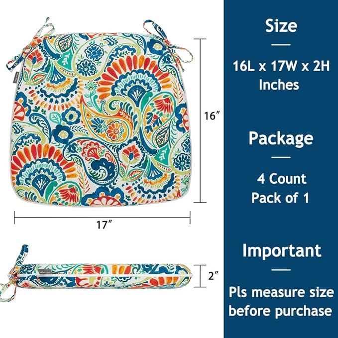 Magpie Fabrics 17"x16"x2" U-Shape Chair Cushions with Ties 4 Count, Outdoor Indoor Waterproof All Weather Seat Pads Decoration for Patio Garden Dining Office - Paisley Multi