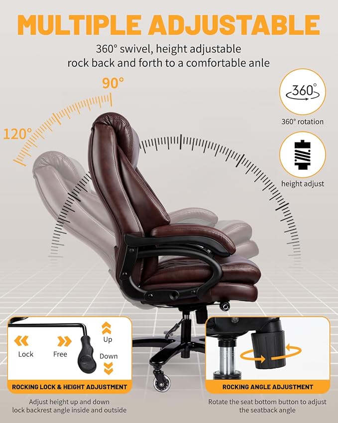 Big and Tall Executive Office Chair with Adjustable Lumbar Support, Extra Wide Seat, Heavy Duty Computer Desk Chair for Long Working Hours, Gaming & Home Office, Quiet Rolling Wheels