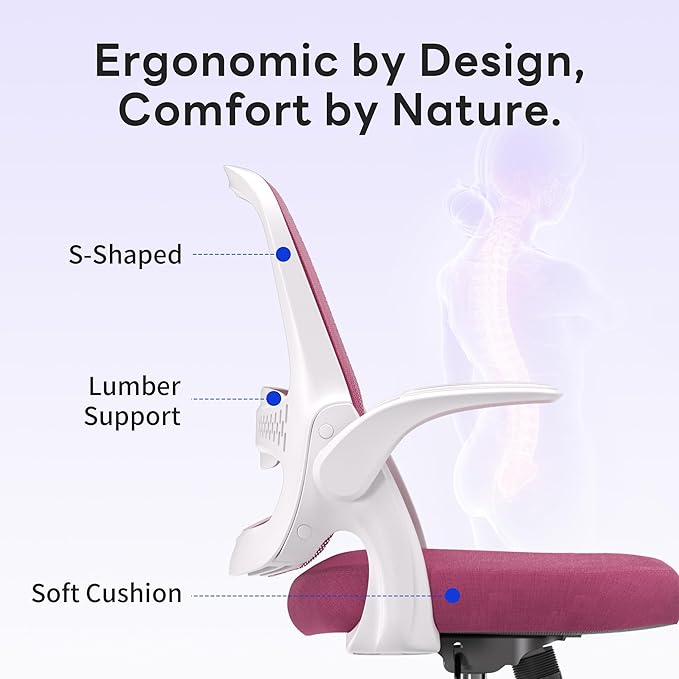 amseatec Office Chair，Ergonomic Mesh Desk Chair,Flip-Up Arms,Adjustable Height,Breathable Mesh Back & Thick Cushion Seat,360°Swivel Rolling Computer Chair,BIFMA Certified,Supports 300 lbs(Pink)