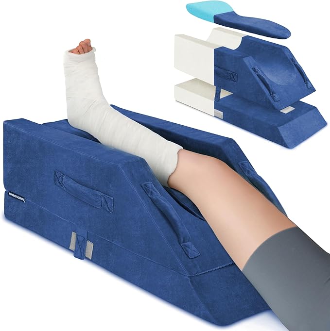 KingPavonini 4-Height Adjustable Leg Elevation Pillows for After Surgery with Ergonomic Curve, Memory Foam Wedge Pillow for Legs Swelling, Blood Circulation and Pain Relief, Blue (Single Leg)